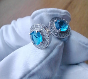 Aqua silver white gold cz cubic zirconia stud earrings blue diamond flooded 
