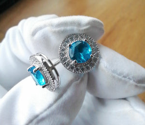 Aqua silver white gold cz cubic zirconia stud earrings blue diamond flooded 