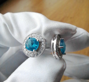 Aqua silver white gold cz cubic zirconia stud earrings blue diamond flooded 