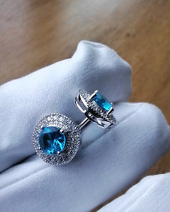 Aqua silver white gold cz cubic zirconia stud earrings blue diamond flooded 