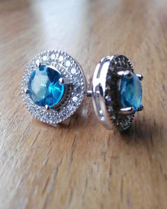 Aqua silver white gold cz cubic zirconia stud earrings blue diamond flooded 