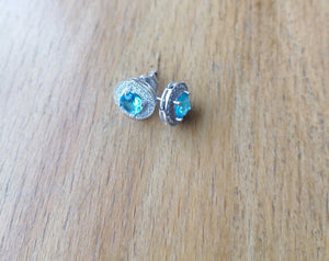 Aqua silver white gold cz cubic zirconia stud earrings blue diamond flooded 