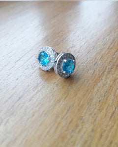 Aqua silver white gold cz cubic zirconia stud earrings blue diamond flooded 