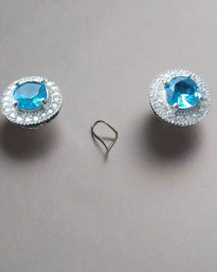 Aqua silver white gold cz cubic zirconia stud earrings blue diamond flooded 