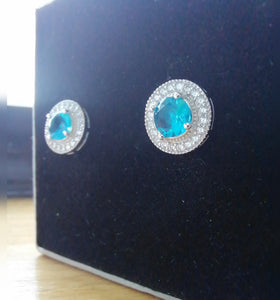 Aqua silver white gold cz cubic zirconia stud earrings blue diamond flooded 