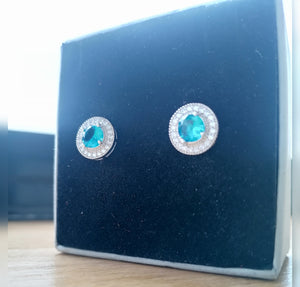 Aqua silver white gold cz cubic zirconia stud earrings blue diamond flooded 